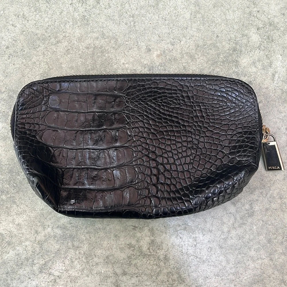 FURLA black embossed leather cosmetic case